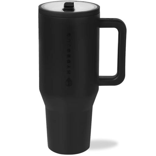 Black travel mug with handle on a white background