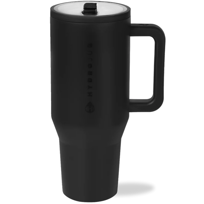 Black travel mug with handle on a white background