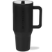 Black travel mug with handle on a white background