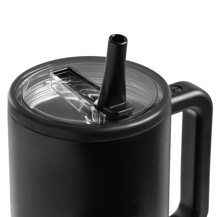 Black mug with a clear lid and straw on a white background