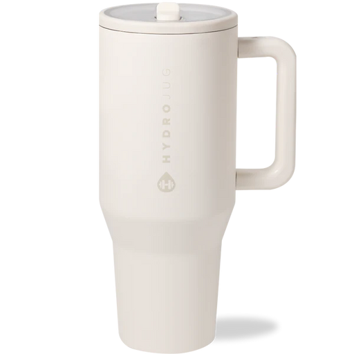 White travel mug with a lid on a white background