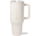 White travel mug with a lid on a white background