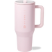 Pink travel mug with handle on a white background