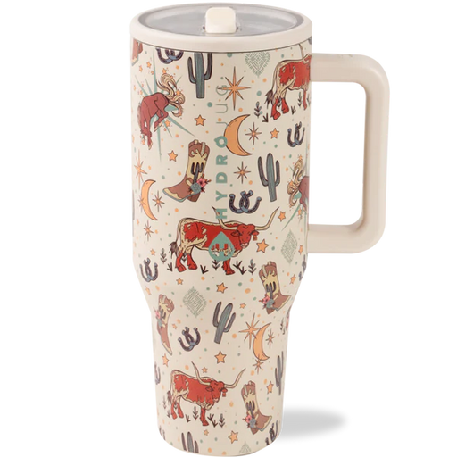 Travel mug with cowboy-themed design on a white background