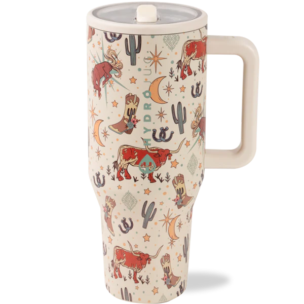 Travel mug with cowboy-themed design on a white background