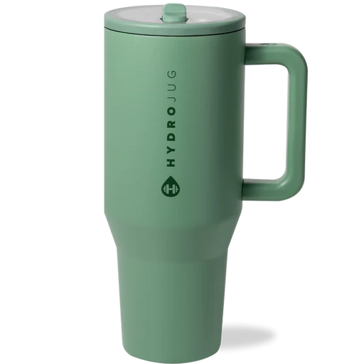 Green HydroJug mug with handle on a white background