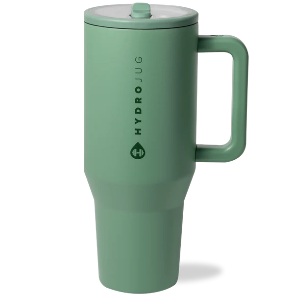 Green HydroJug mug with handle on a white background
