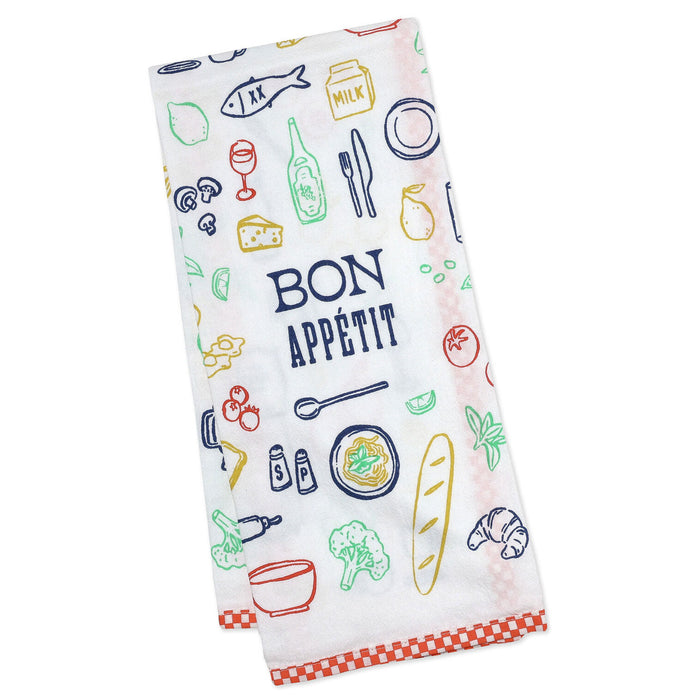 Kitchen towel with food-themed illustrations and 'Bon Appetit' text on a white background