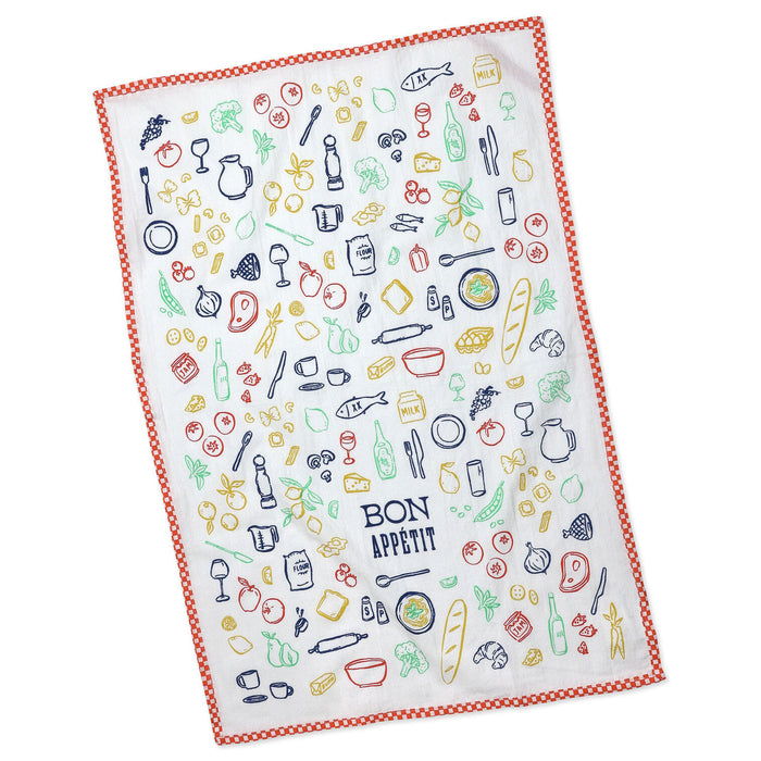 Kitchen towel with food-themed pattern and 'Bon Appetit' text on a white background