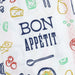 Fabric with 'Bon Appétit' text and food illustrations on a white background