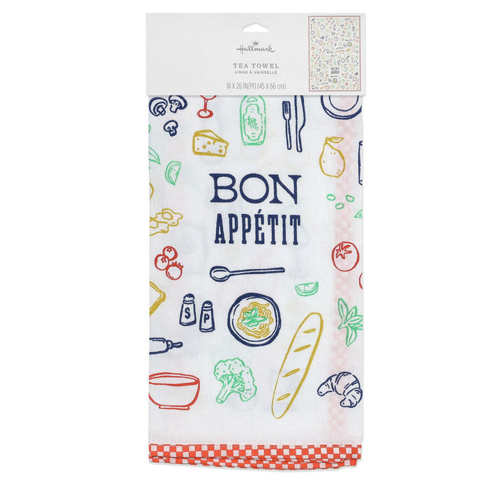 Tea towel with 'Bon Appetit' text and food illustrations on a white background