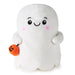 A cute white plush ghost toy with a smiling face, pink cheeks, and a small orange pumpkin accessory, photographed on a clean white background.