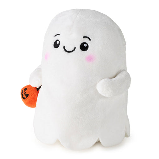A white plush ghost toy with a cute embroidered face, pink cheeks, and a small orange pumpkin accessory, photographed on a clean white background.