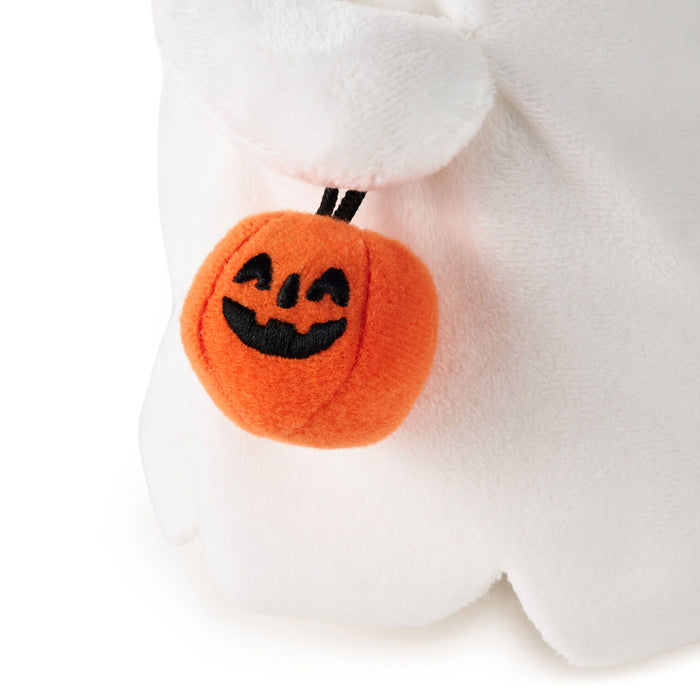 An orange plush jack-o'-lantern keychain with a black embroidered face, shown hanging from a white plush ghost toy against a white background.