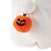 An orange plush jack-o'-lantern keychain with a black embroidered face, shown hanging from a white plush ghost toy against a white background.