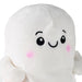 A close-up of a white plush toy with a cute cartoon face, featuring black embroidered eyes and a smiling mouth, with pink embroidered cheeks.
