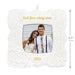 Decorative photo ornament with a couple's picture and 'Best love story ever' text, featuring dimensions on a white background.