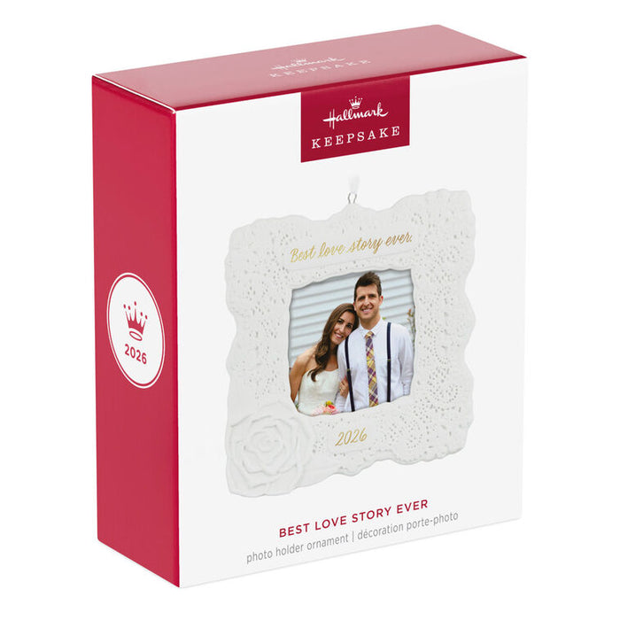 Hallmark Keepsake ornament packaging with a couple and 'Best Love Story Ever' text.