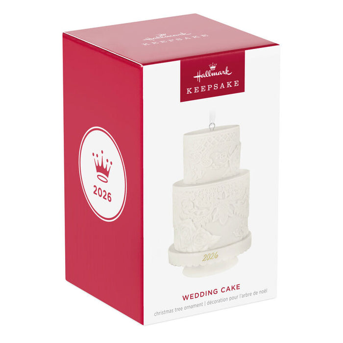 Hallmark Keepsake 2025 Wedding Cake ornament in red box on white background