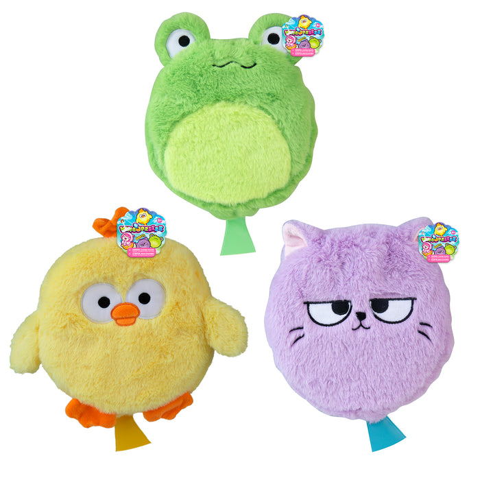 Three colorful plush toys shaped like a frog, chick, and cat on a white background