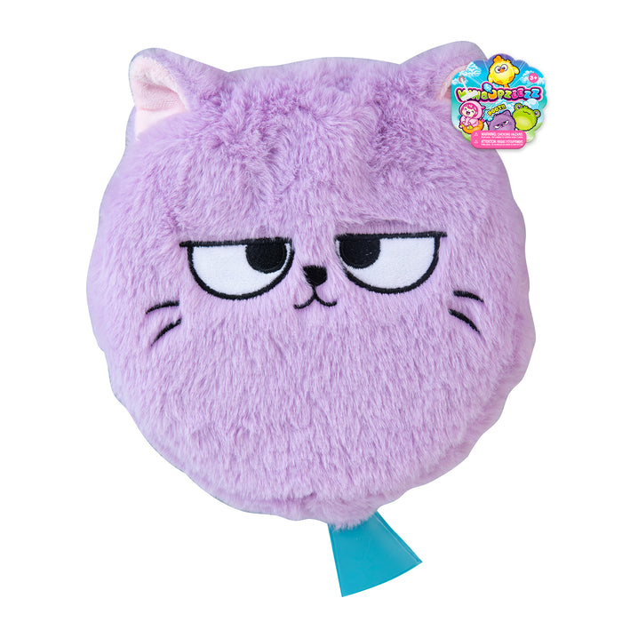 Purple plush toy with a sad expression on a white background