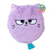 Purple plush toy with a sad expression on a white background