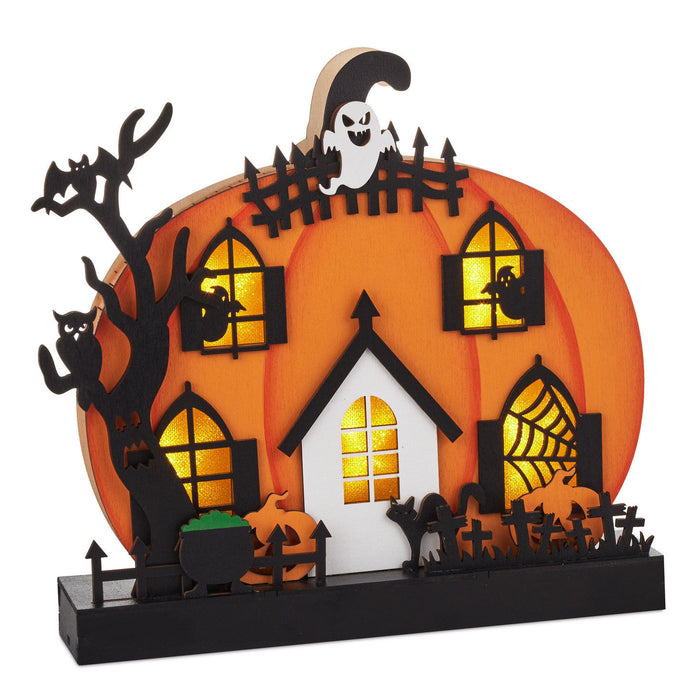 Wide Light-Up Pumpkin House Halloween Decoration