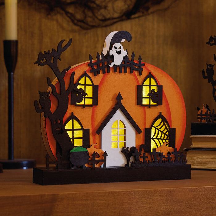 Wide Light-Up Pumpkin House Halloween Decoration