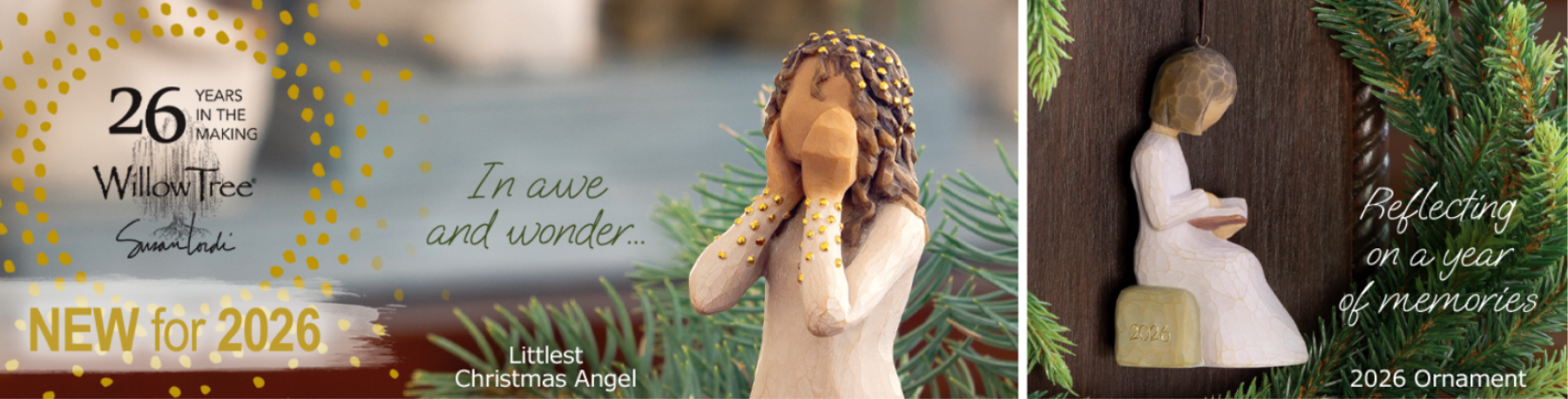 Willow Tree promotion banner featuring new for 2026 Littlest Christmas Angel