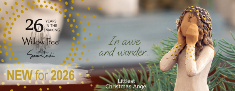 Willow Tree promotion banner featuring new for 2026 Littlest Christmas Angel