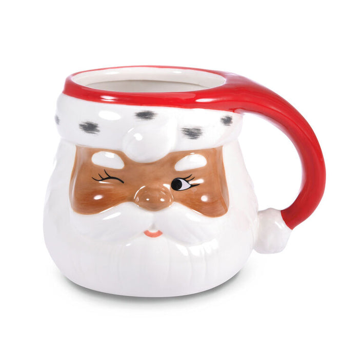 Mug with a face design featuring a red rim and brown bow tie on a white background