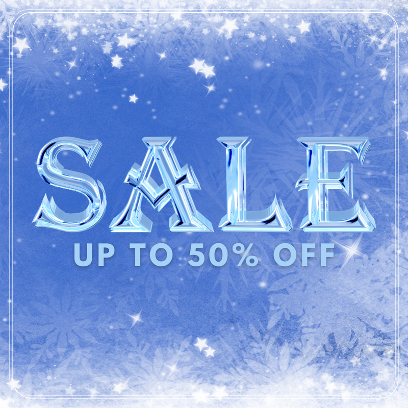 Ice-themed sale advertisement with 'SALE UP TO 50% OFF' text on a frosty background.