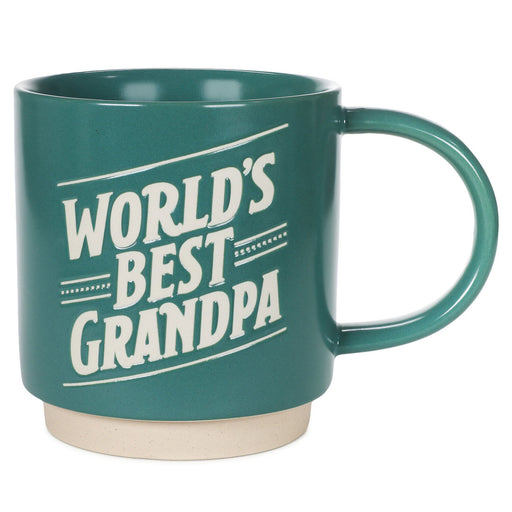Teal mug with 'World's Best Grandpa' text on a white background
