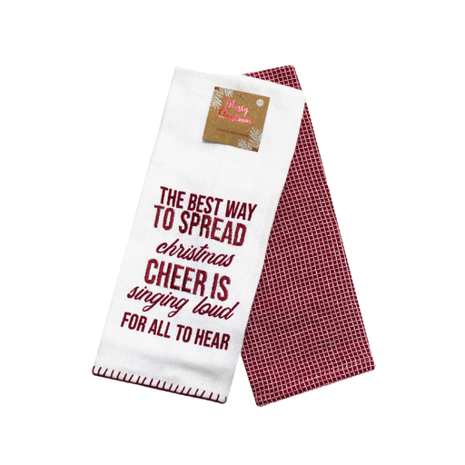 Two kitchen towels, one with a quote and the other red checkered, on a white background.