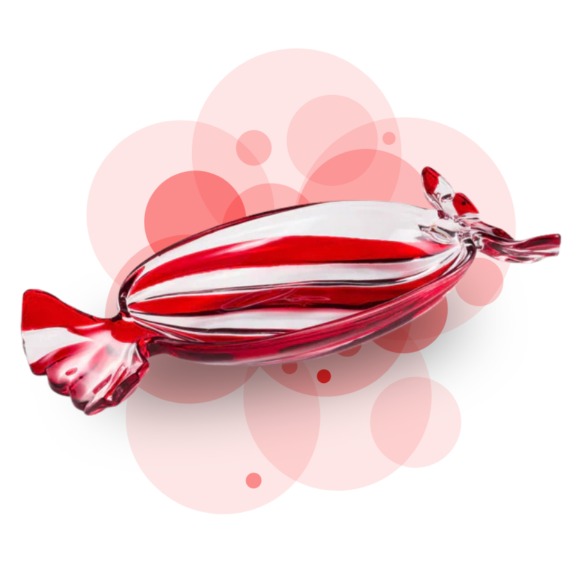 Glass candy bowl with red and clear design on a white background