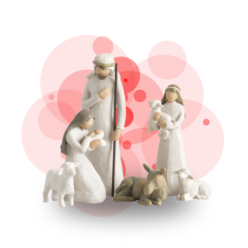 Nativity scene figurines with a pink and white background