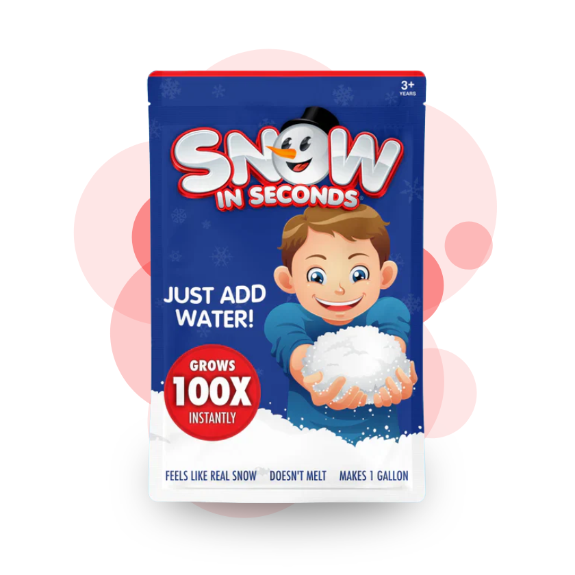 Product packaging for 'Snow in Seconds' with a cartoon character holding snow.