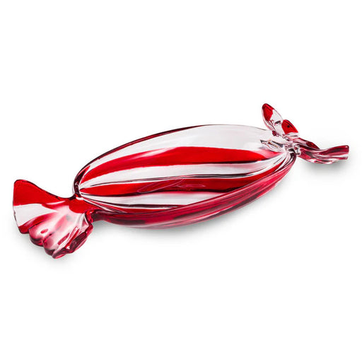 Glass candy bowl shaped like a red and white striped candy on a white background