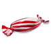 Glass candy bowl shaped like a red and white striped candy on a white background