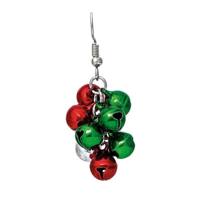 A single dangling earring with a silver hook wire and a cluster of shiny Christmas bells in red and green, shown on a plain white background.