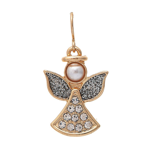 Gold angel pendant charm featuring a faux pearl head, glittery wings, and clear rhinestone skirt, shown on a plain white background.