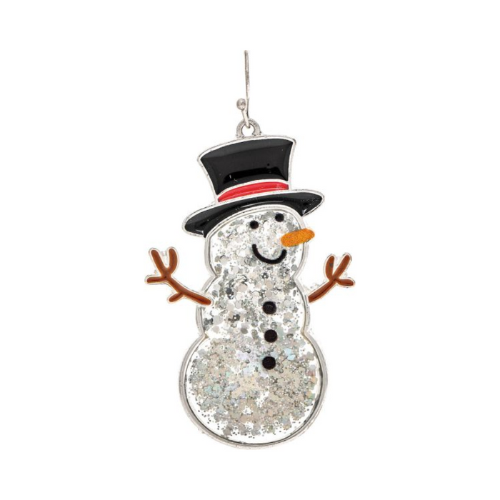 Decorative snowman earringwith a black top hat, orange carrot nose, and brown antlers on a white background.