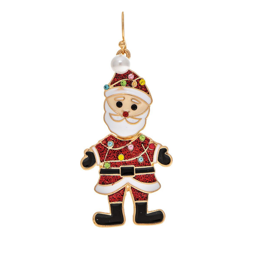 A gold-plated Santa Claus dangling earring featuring red glitter enamel, white enamel for the beard and hat trim, black enamel for the gloves and boots, and small multicolor rhinestone accents on the hat and around the trim.