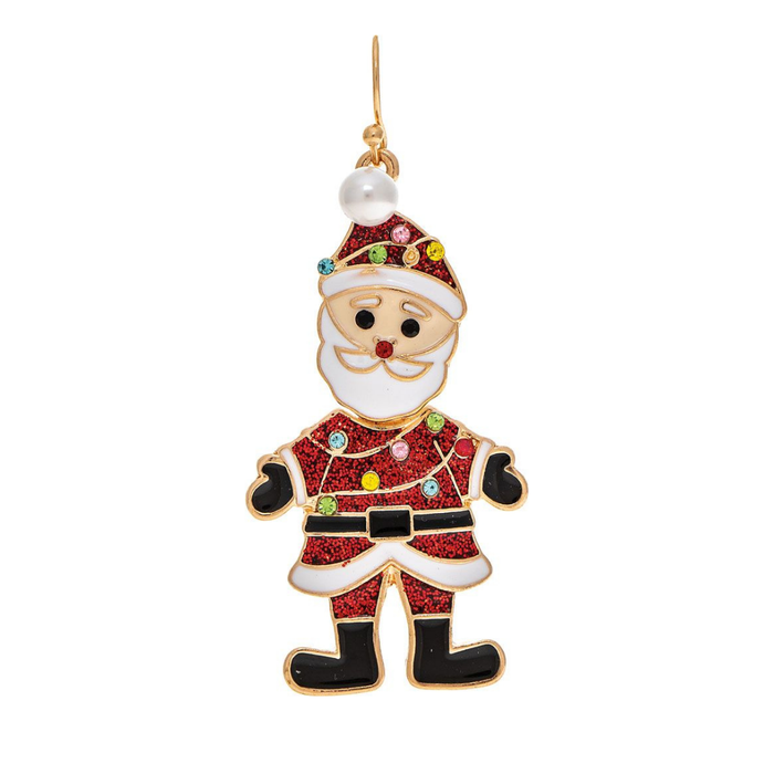 A gold-plated Santa Claus dangling earring featuring red glitter enamel, white enamel for the beard and hat trim, black enamel for the gloves and boots, and small multicolor rhinestone accents on the hat and around the trim.