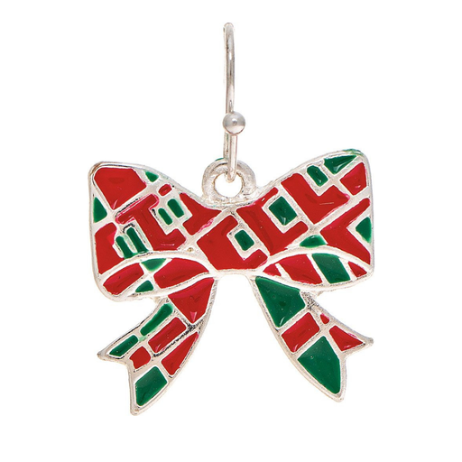 A silver bow-shaped pendant or charm with red and green enamel detailing, shown on a plain white background.