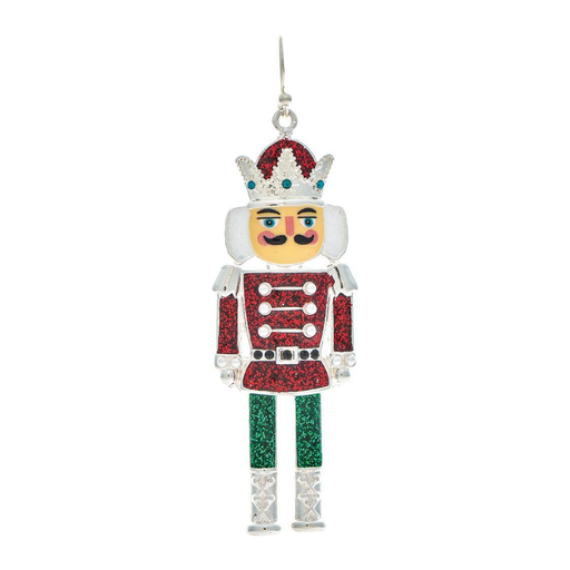 A Christmas nutcracker ornament featuring a silver-tone metal base with red glitter, green glitter, and white enamel details, complete with a silver hanger at the top.