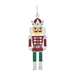 A Christmas nutcracker ornament featuring a silver-tone metal base with red glitter, green glitter, and white enamel details, complete with a silver hanger at the top.