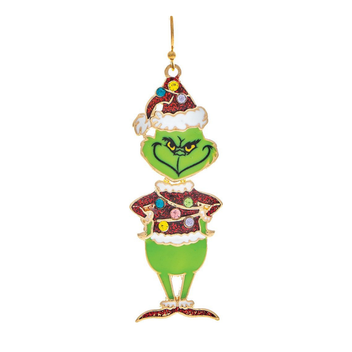 A Grinch Christmas ornament featuring the Grinch in a Santa hat and coat, embellished with rhinestones, on a plain white background.