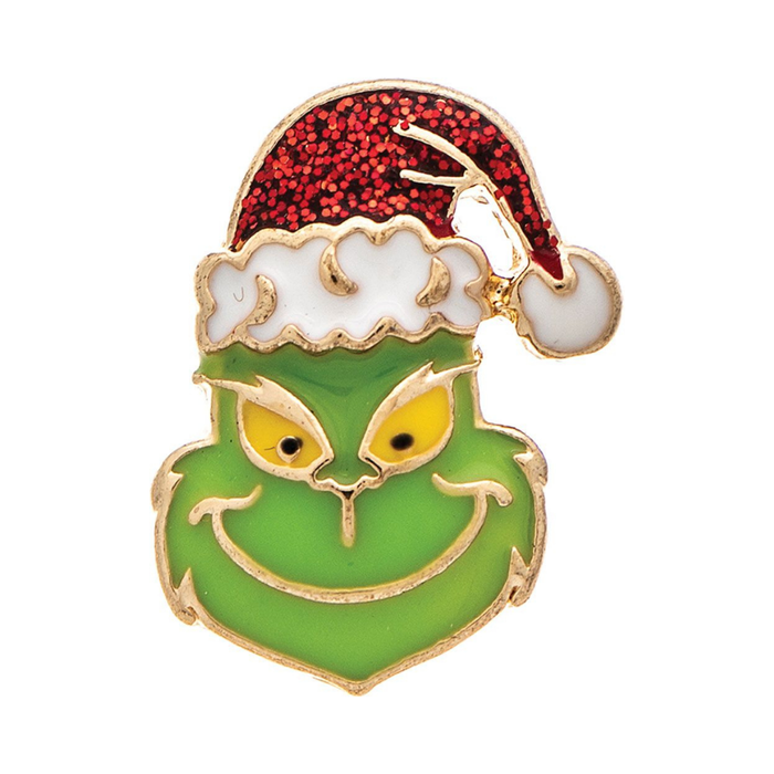 A Grinch-themed Christmas pin featuring a green face with yellow eyes, wearing a red glitter Santa hat with white trim, on a plain white background.