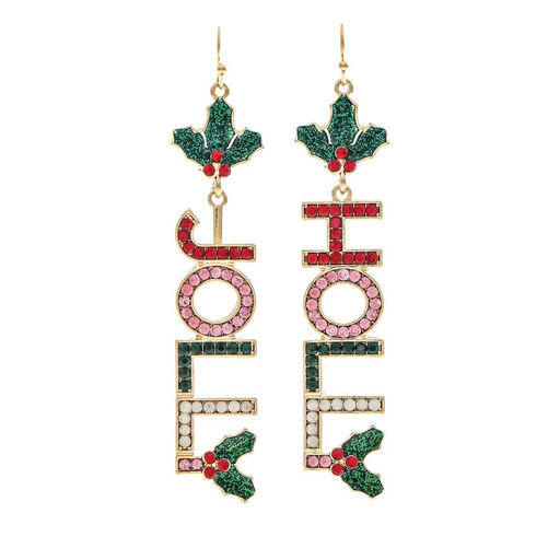 A pair of gold-tone dangle earrings spelling out 'HOLLY JOLLY' in stacked letters, decorated with green holly leaves and red berries at the top and bottom, on a plain white background.
